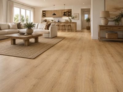 Natural oak laminate flooring in a modern living interior